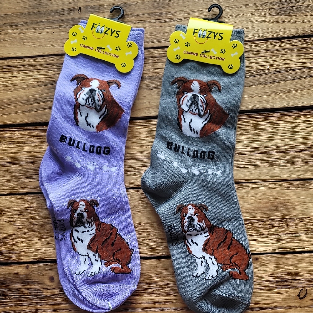 NWT Foozys Bulldog Dog Socks - Lavender and Gray 2 Pair Set - Unisex